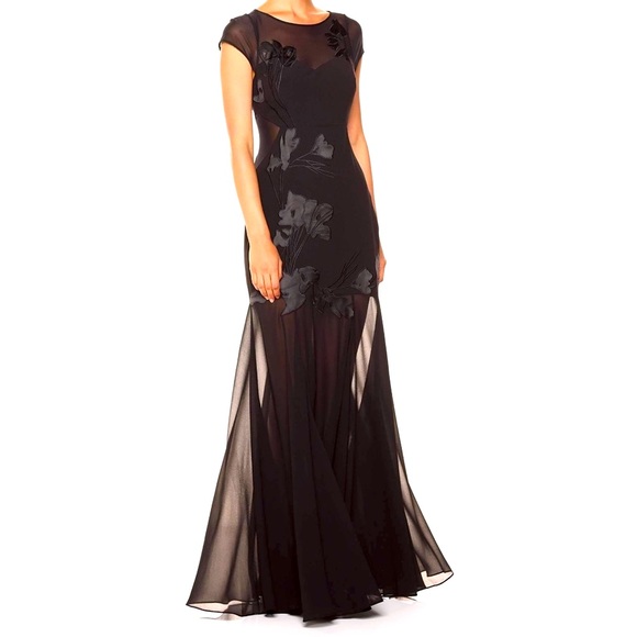 HALSTON HERITAGE BLACK FORMAL GOWN DRESS SEMI SHEER SZ 8 WEDDING PARTY NEW YEARS - Picture 2 of 6